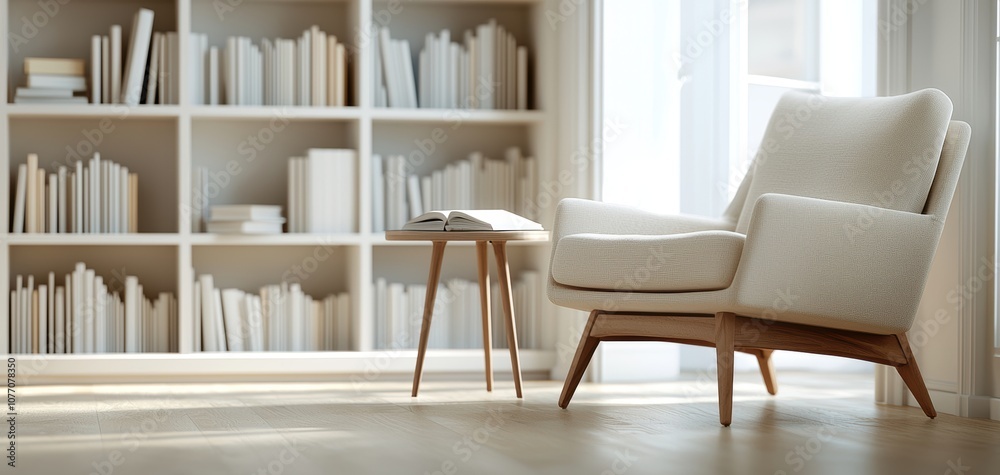 Aufkleber a cozy reading corner featuring a patterned armchair beside a minimalist wooden table and a shelf fi