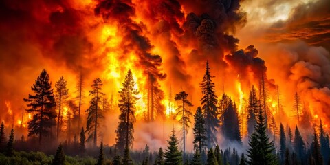 Forest Fire Inferno Trees Silhouetted Against Burning Sky, wildfire, climate change