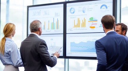Investors engaged in a strategic presentation, analyzing graphs and financial data on screens, emphasizing key performance indicators and decision-making insights.