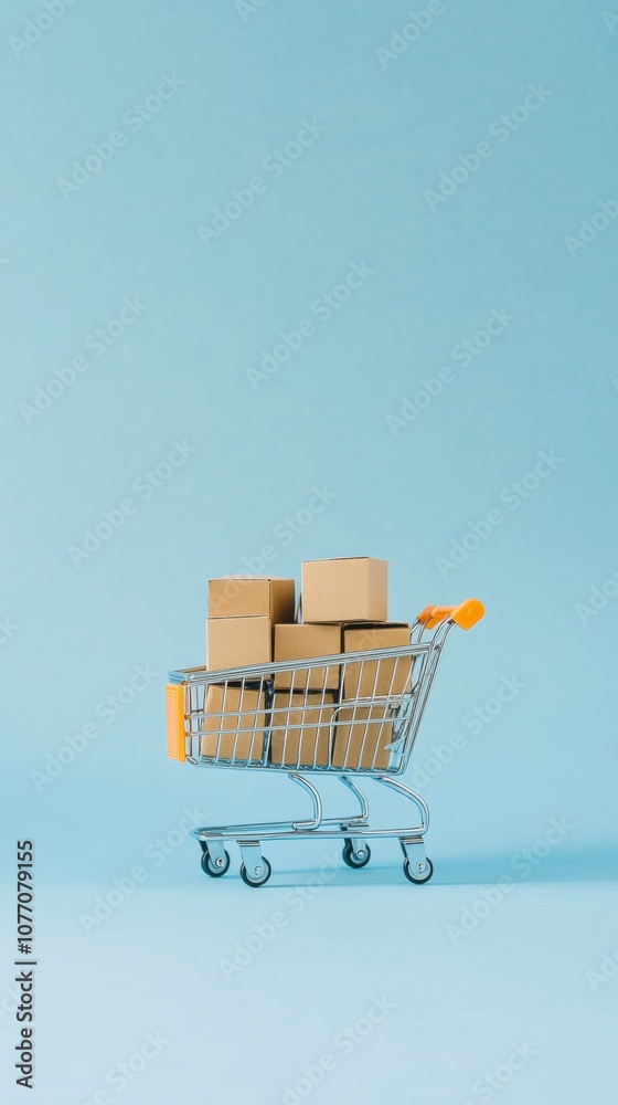 Poster miniature shopping cart with cardboard boxes on a light blue background symbolizes the rise of onlin