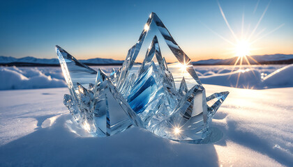 Obraz premium Blue glass sculpture on snowy ground
