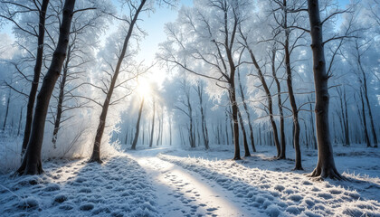 Obraz premium Snowy forest path with tall trees and sunbeams filtering through the branches