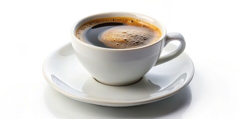 Obraz premium A White Cup of Coffee with Foam on a White Saucer, white background, coffee, beverage