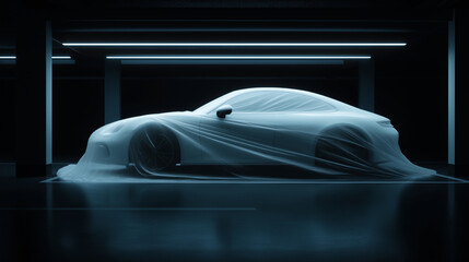 Car under opaque transparent protective cover in an underground car park