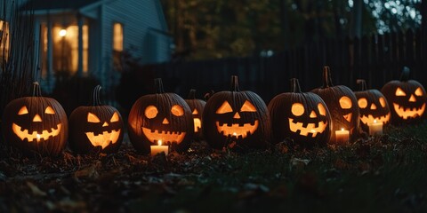 A group of carved pumpkins with various spooky faces, lined up in a dark yard, lit up by candles inside.