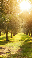 Fototapeta premium Rows of olive trees bathed in golden sunlight, a peaceful and serene landscape.