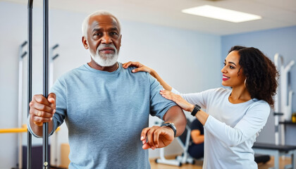 A senior man receiving physical therapy assistance in a rehabilitation center while working on mobility exercises with a healthcare professional during a session