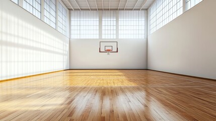 Fototapeta premium Polished wooden basketball court in a spacious gymnasium, empty and ready for play, showcasing vibrant lines and smooth texture