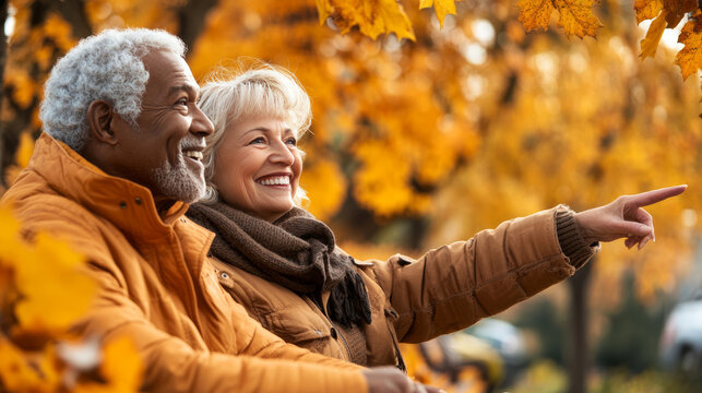 A loving elderly couple enjoying the vibrant autumn colors together while planning their next adventure on a park bench