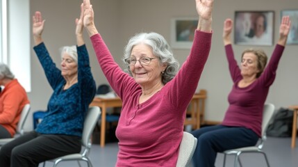 Seniors engaged in chair yoga at a community center, enjoying seated poses for relaxation and flexibility in a bright, welcoming environment