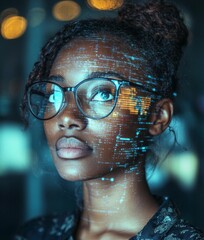 Black woman, tech overlay and global business on phone at night for research and cybersecurity