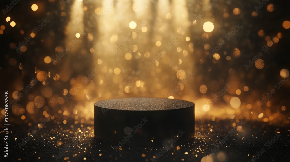 Poster a circular, black platform sits on a surface covered in gold glitter. the background is a blurred go