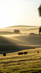 Obraz premium Sunrise over a rolling green field with cows grazing in the foreground.