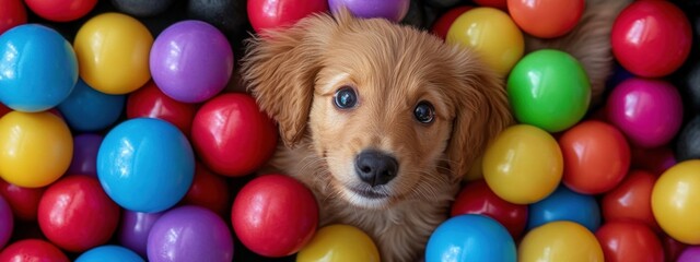 Joyful puppy exploring a vibrant array of colorful balls and toys, ideal for children's and pet-themed projects