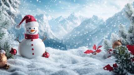 Obraz premium Snowman with red scarf in winter wonderland, mountains backdrop