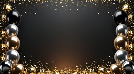 A stylish background featuring black, gold, and silver balloons along with shimmering gold confetti on a dark backdrop. The image includes ample copy space in the center, ideal for text overlays
