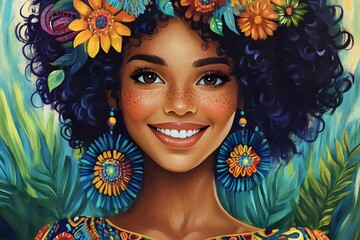 Happy young woman with beautiful, curly, dark hair, a bright smile, decorated with colorful beads or flowers. Her skin tone is rich and warm and 2D cartoon style water colours