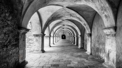 Fototapeta premium Ancient Fortress Corridor, a mesmerizing view of repeating arches leading through a historic stone passageway, evoking a sense of timelessness and mystery