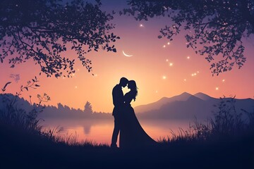 Romantic scene with a couple sunset or moonlit sky 2D cartoon style beautiful scenery love