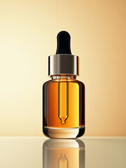 Fototapeta premium Elegant glass dropper bottle with amber liquid on a warm gradient background, perfect for beauty and skincare product presentations.