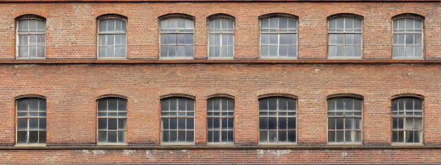 Obraz premium Symmetrical brick patterns on an industrial factory facade, showcasing repetitive architectural design and structural symmetry