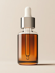 Naklejka premium Minimalist amber dropper bottle with metallic cap on beige background, perfect for skincare or essential oils branding and advertising.