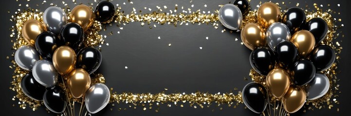 A festive horizontal banner with black, gold, and silver balloons adorned with gold confetti on a dark background, with copy space for text