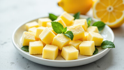 A plate of fresh lemon candies with mint leaves.