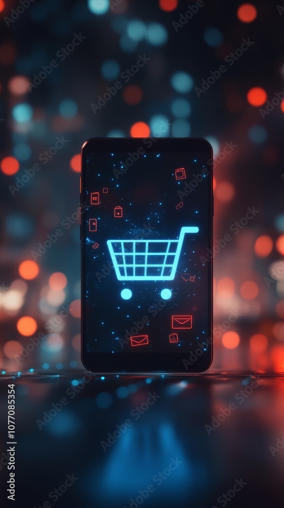 Poster smartphone displays a vibrant shopping cart icon, symbolizing online shopping and e commerce against