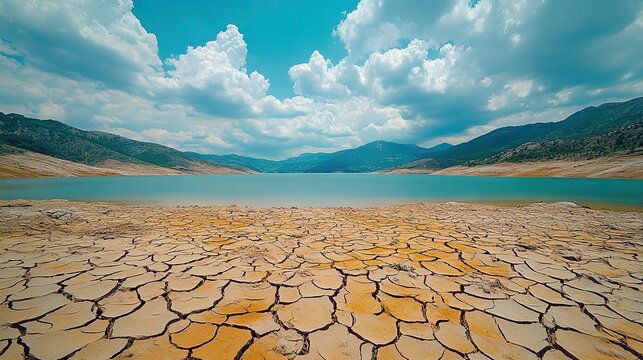 A vast dried-up area surrounding a lake, depicting the effects of climate change and reduced rainfall