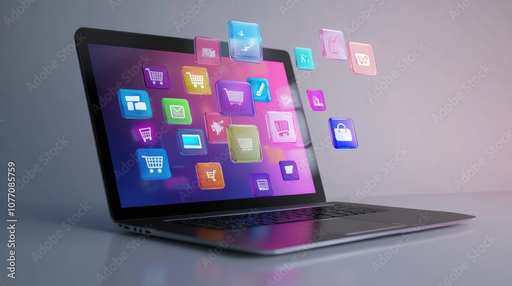 Poster colorful, translucent icons representing various online shopping and payment options hover above a l