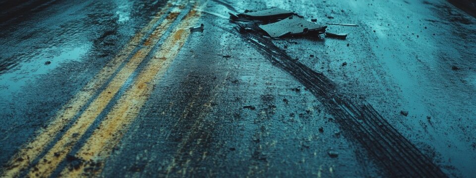 Wet road aftermath of a serious crash, skid marks and debris scattered, silent scene of impact and chaos.