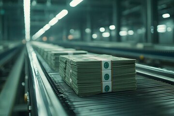 Conveyor belt with stacks of dollar bills moving – Depicting the currency production process, money printing, and the efficiency of financial systems in action