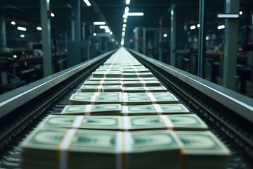Fototapeta premium Conveyor belt with stacks of dollar bills moving – Depicting the currency production process, money printing, and the efficiency of financial systems in action
