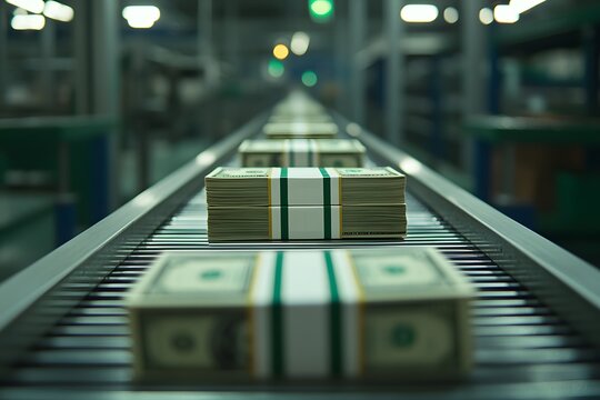 Conveyor belt with stacks of dollar bills moving – Depicting the currency production process, money printing, and the efficiency of financial systems in action