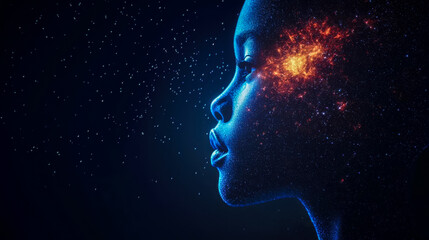 A silhouette of a child against the backdrop of space and the birth of a galaxy, copy space about the concept of the birth of humanity, an idea for a background for a science fiction post.