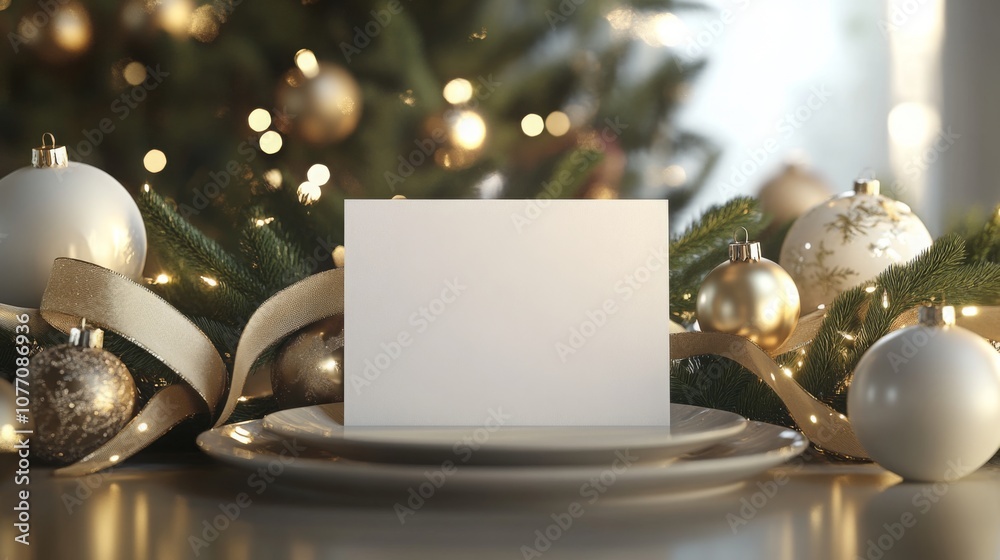 Poster a white card stands upright on a set of white plates. the card is surrounded by christmas ornaments 