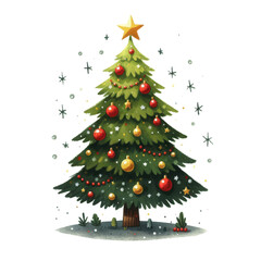 This festive Christmas tree illustration features bright red ornaments, twinkling lights, and a golden star crowning the top, set on a blanket of snow.