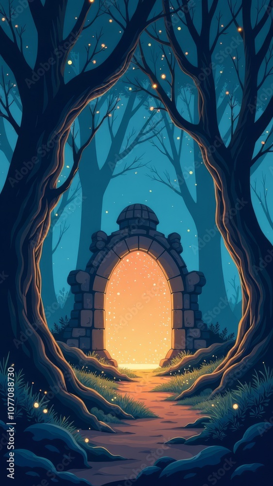 Poster A forest with a moon in the sky and a path leading through it