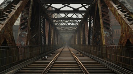 Obraz premium Symmetrical steel bridge showcasing intricate industrial details, a striking blend of engineering and design against a clear sky.