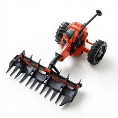 Naklejka premium Modern orange agricultural trencher machine with wide cutting blades on white background
