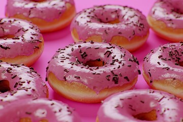 Pink donuts with chocolate chips. Artistic photo of creamy donuts with pink glaze on top and chocolate chips. 