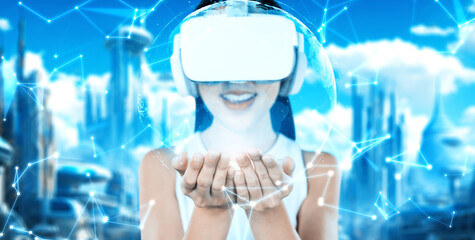 Female standing wearing white VR headset and white sleeveless connecting metaverse, future...