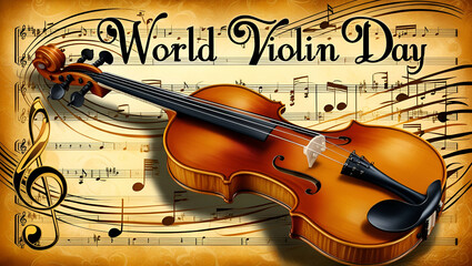 Fototapeta premium International Music Day, musical instrument violin, December 13, Holiday concept, Music Day event and classic musical instruments colorful, Creative music and festival concept, Jazz Day, Generative Ai