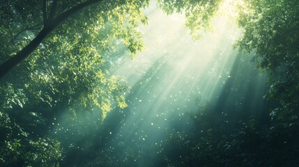Fototapeta premium Lush Forest Canopy, a serene landscape featuring dense trees under a clear sky, sunlight streaming through leaves, casting a vibrant green glow on the forest floor