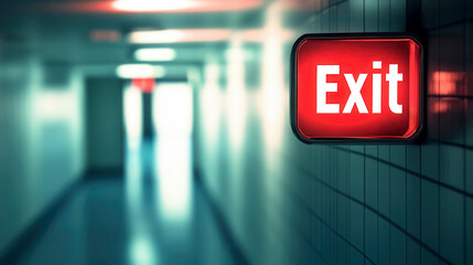 Illuminated red exit sign in a dark hallway