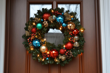 A festive Christmas wreath with colorful ornaments and sparkling lights on a wooden door