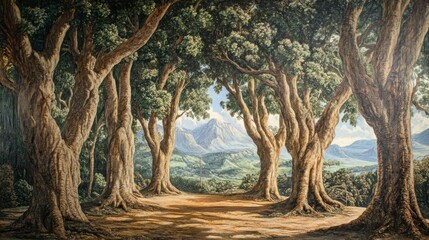 Fototapeta premium View of tall forest trees growing in lush tropical soil background wallpaper AI generated image
