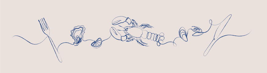 Seafood linear silhouette illustration with fork, oyster, lemon, mussel, knife drawing with blue on beige background