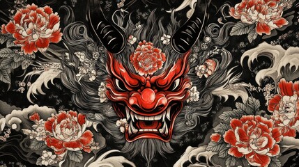 Japanese oni devil mask art with floral ornaments background wallpaper AI generated image